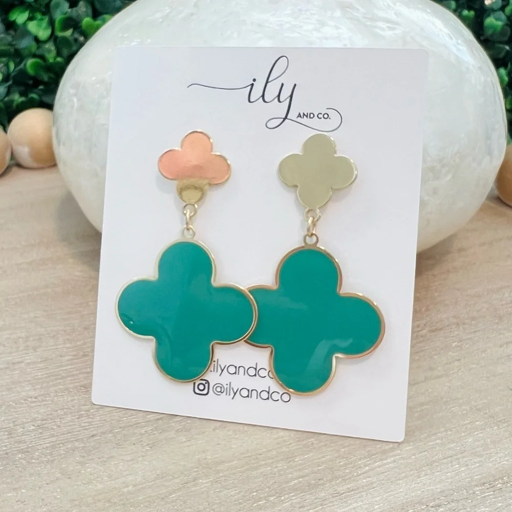 New Turquoise and Gold Clover Drop Dangle Earrings Lightweight | Coastal Geandma